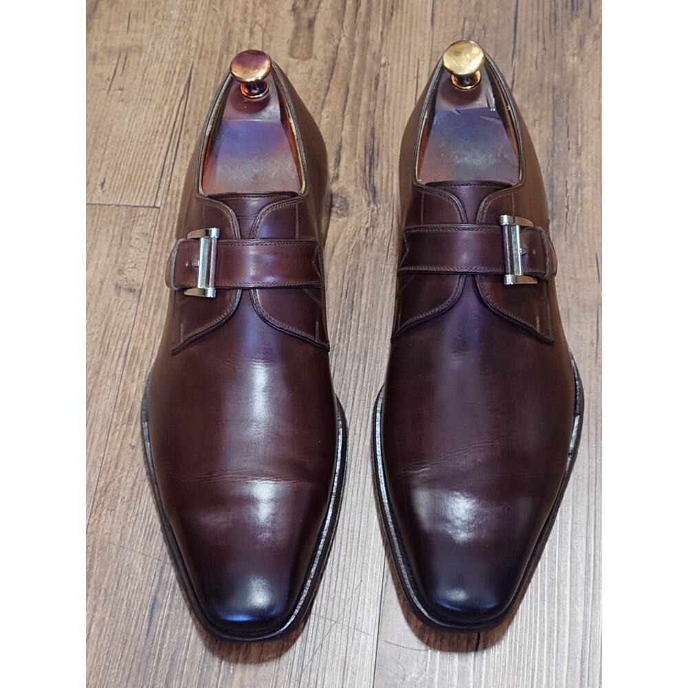 Magnanni Men’s Monk Strap 9.5M Cordovan Brown Burnished Leather Dress Shoes - Picture 2 of 11